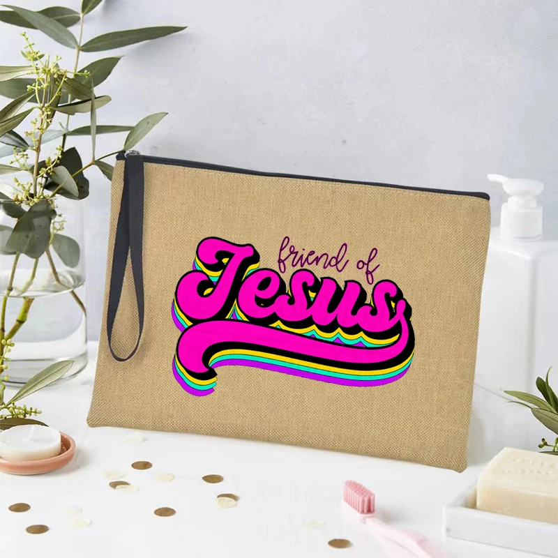 Bolsa de maquillaje de lino con patrón de Jesús para niña, bolsa de regalo cristiano, todo mi esperanza está en Jesús, regalo católico, organizador de cosméticos de viaje, estuche para lápices