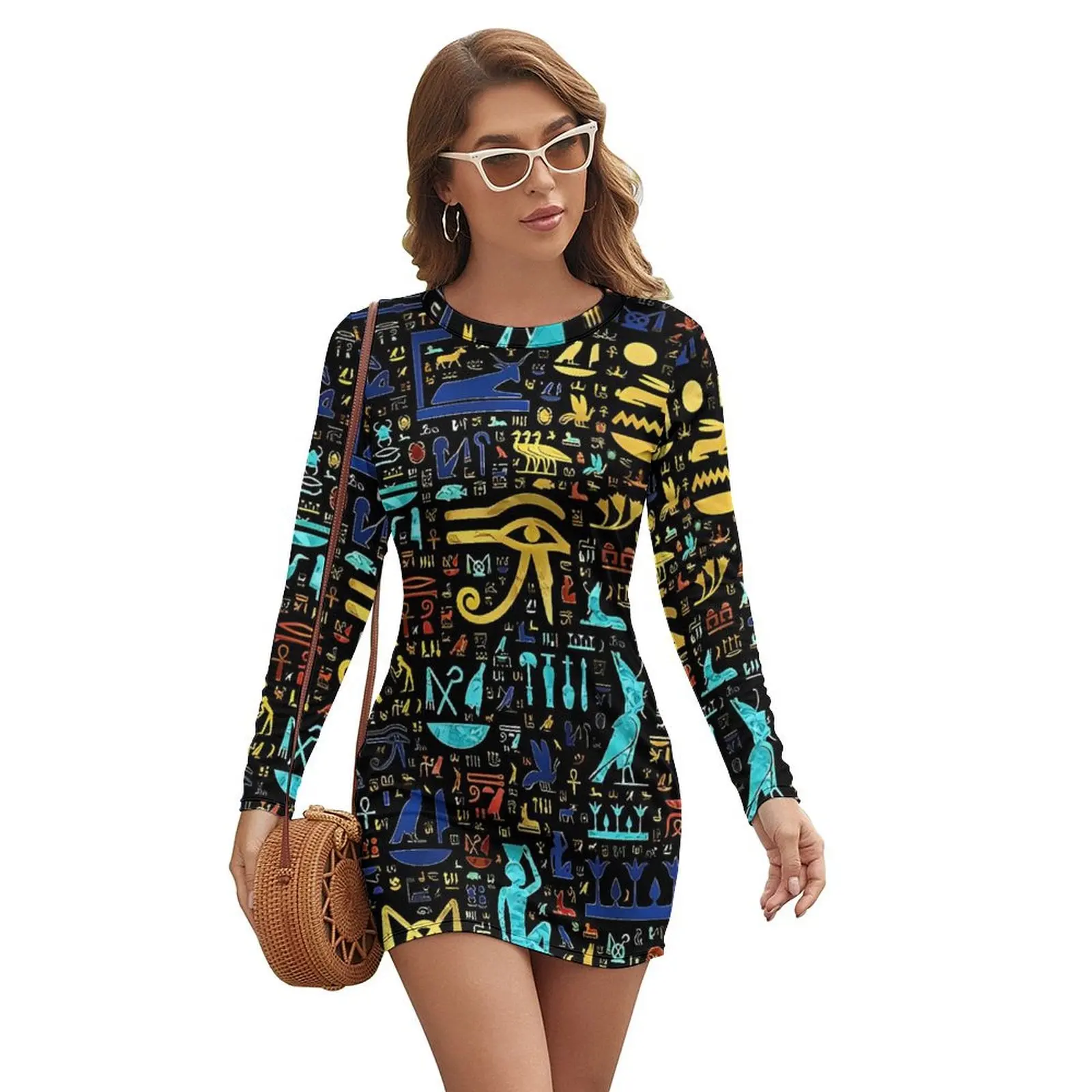 Colorful  Ancient Egyptian Art Hieroglyphic Dress Ladies Street Fashion Bodycon Dress Spring Long Sleeve Elegant Dresses Clothes