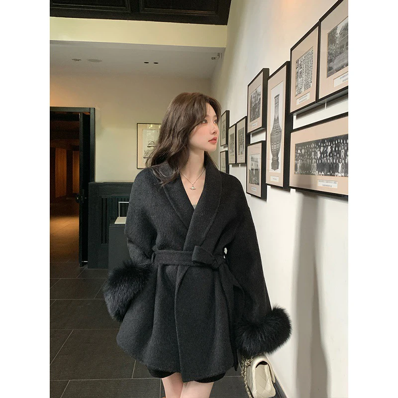 Cashmere Jacket for Ladies 2026 Spring Luxury Fox Fur Sleeves Korean Fashion Cloak Bathrobe Belt Slim Double-Sided Woolen Coat