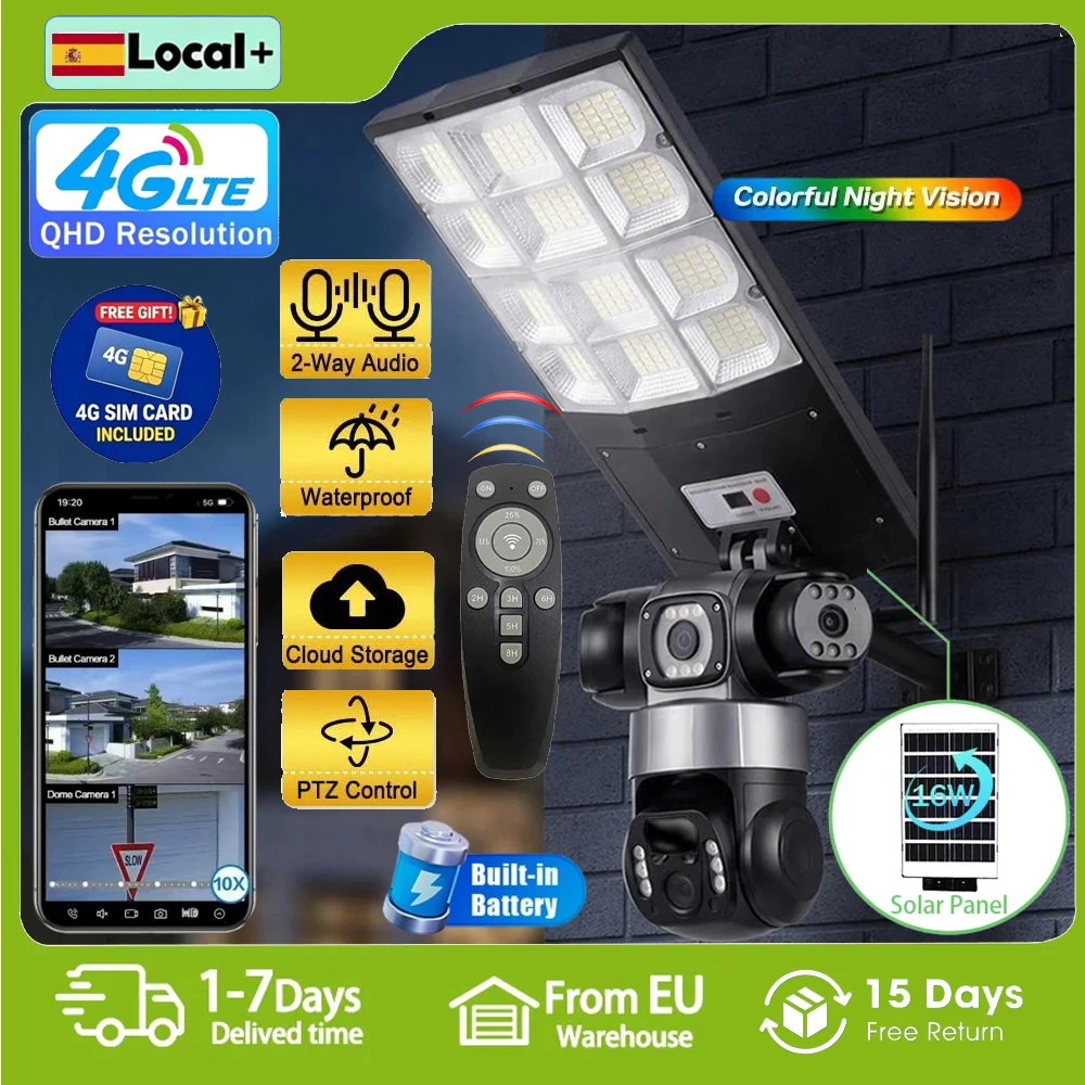 Caméra de lampadaire solaire 4G, 15MP, zoom 10X, enregistrement à trois objectifs, suivi humanoïde PIR, caméra extérieure avec lampe, télécommande, étanche, vision nocturne, sécurité CCTV, entrepôt local UE