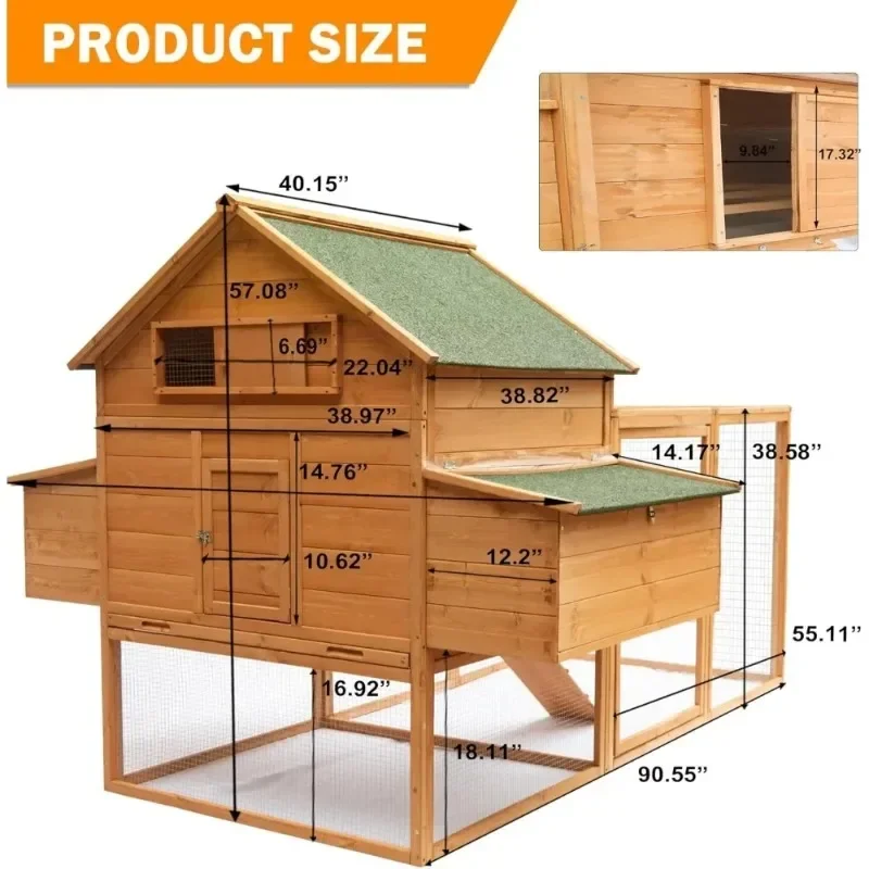 Large Chicken Coop with Run, Waterproof Outdoor Hen House for 8-10 Chickens, Fir Wooden Chicken House with 2 Nesting Box