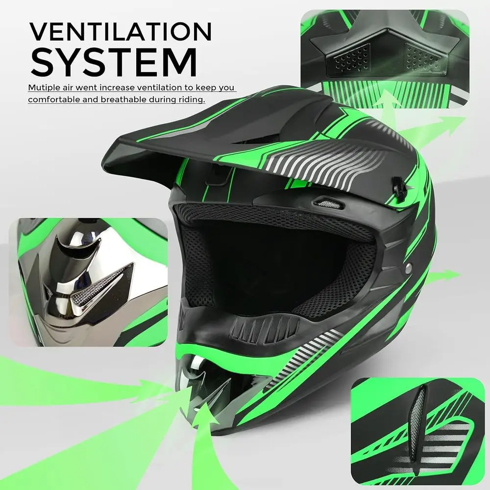 Jeugd ATV crossmotorhelm met handschoenen, bril en masker, DOT-gecertificeerd, 4-delige set, groen, maat S