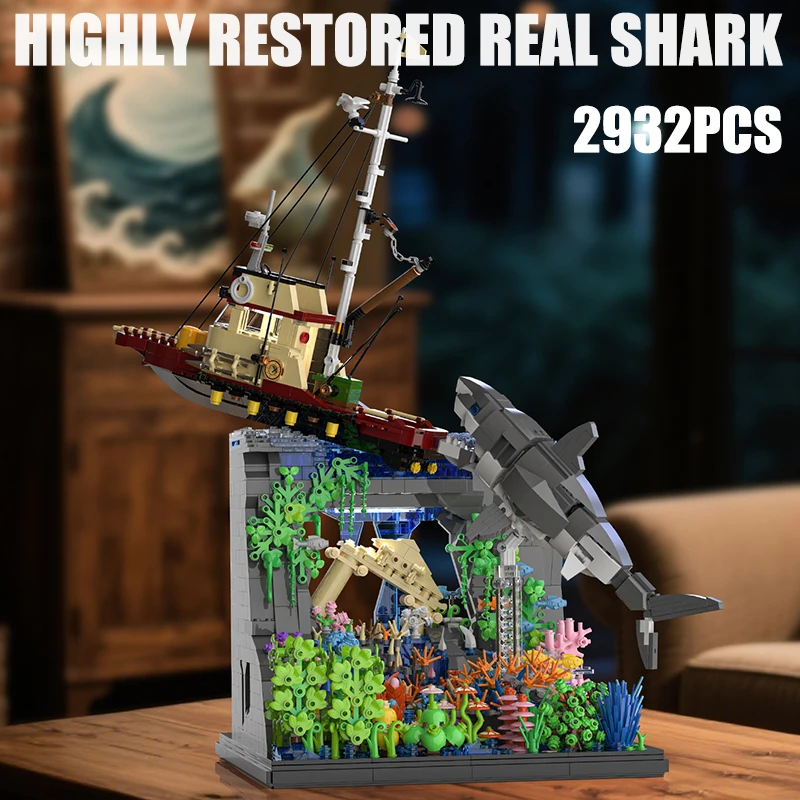 

MOC Great White Shark Boat Building Blocks Kit Ocean Animal Model Bricks Desktop decoration Puzzle DIY Toys Kids Christmas Gifts