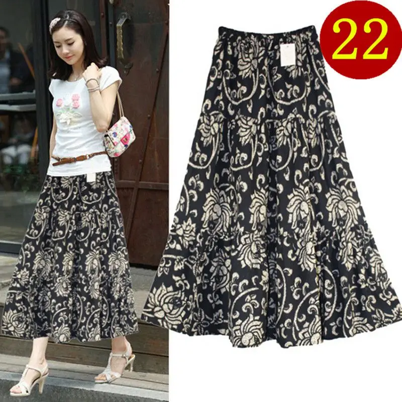 2024 New,Summer Cotton Linen Skirt Casual Women's Skirts Middle-aged Elderly Spring Autumn Elastic High Waist A-line Print Skirt