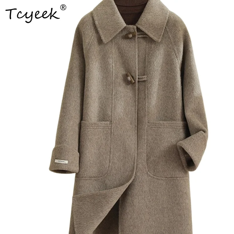

Tcyeek 100% шерсть, осень-зима, двустороннее женское шерстяное пальто с квадратным воротником и пряжкой из коровьего рога средней длины Abrigo Invierno Mujer