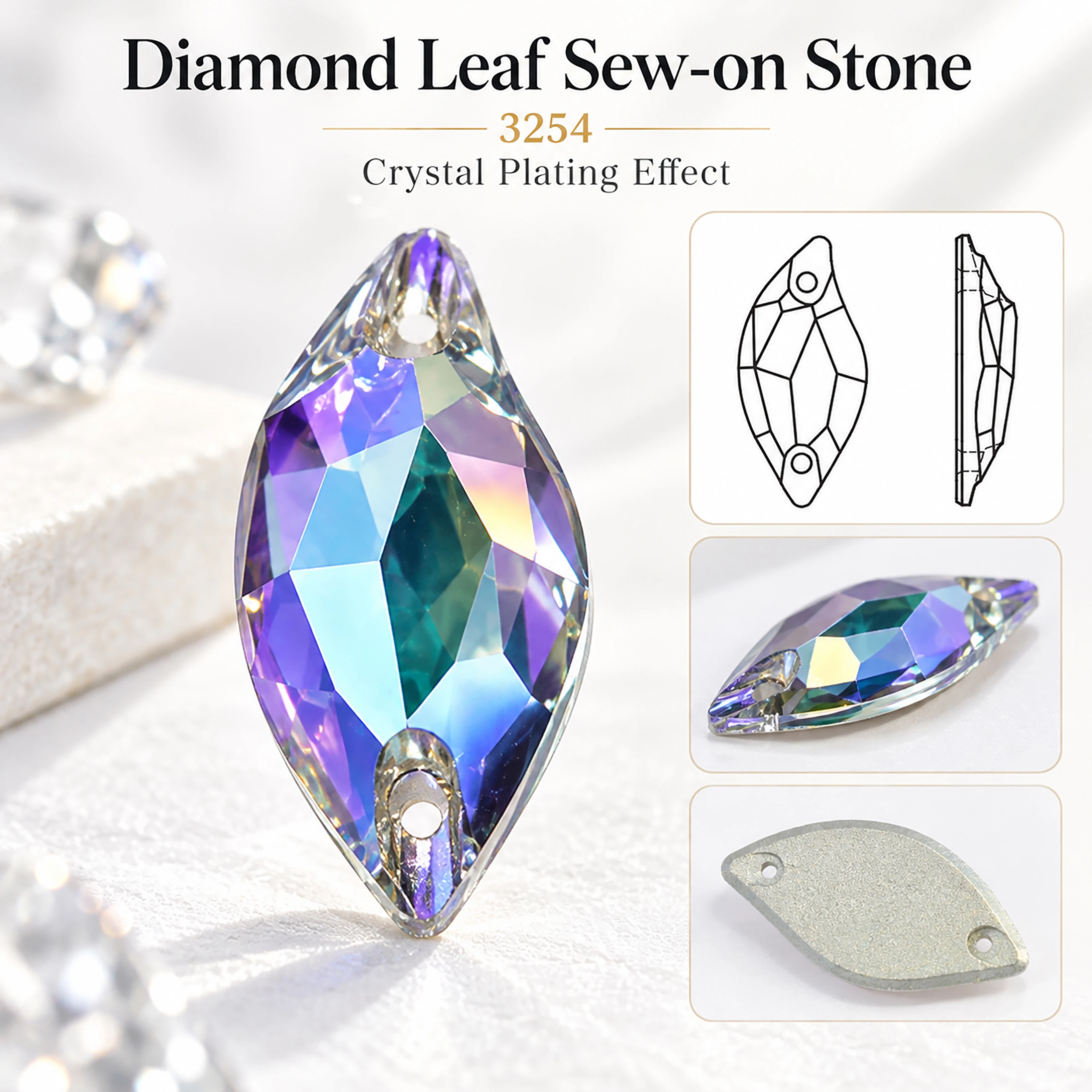AB MO Willow Leaf Sew On Rhinestones K9 Crystal Sewing Stones Flatback Glue Stones for Wedding Dress Latin Dance Costume DIY