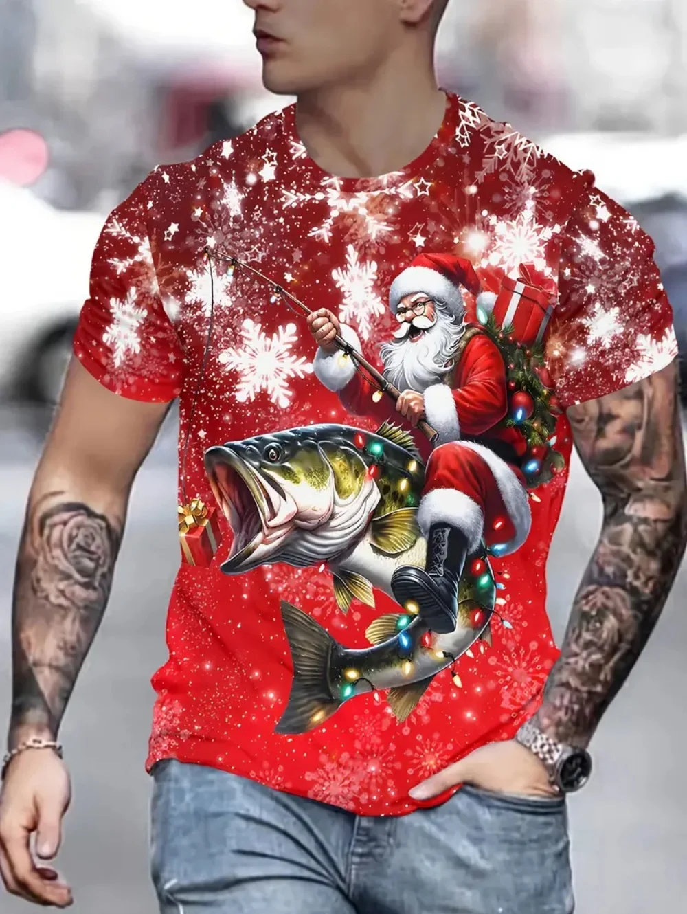 

Fishing Santa Claus T Shirt for Mens Christmas Pattern Print Loose Tee Streewear Men Clothing Short Sleeve Top Harajuku Clothing