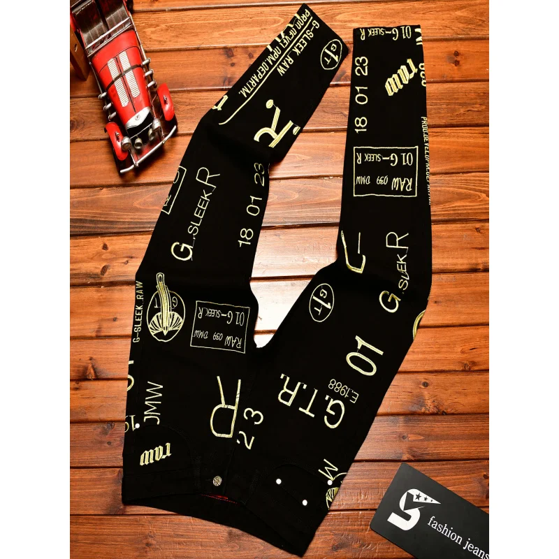 Light luxury fashion embroidered printed jeans men's black slim fit small feet trendy personality street cool autumn pants