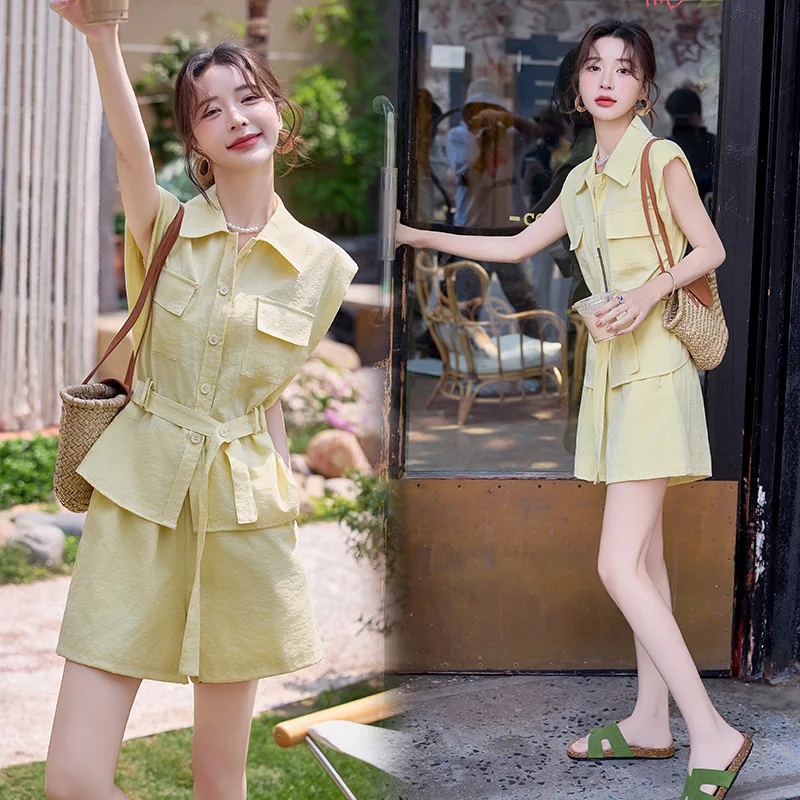 

Повседневные комплекты, элегантный женский льняной костюм, короткий новый комплект из двух предметов, пляжный летний женский наряд, одинаковые праздничные наряды, шикарные предметы