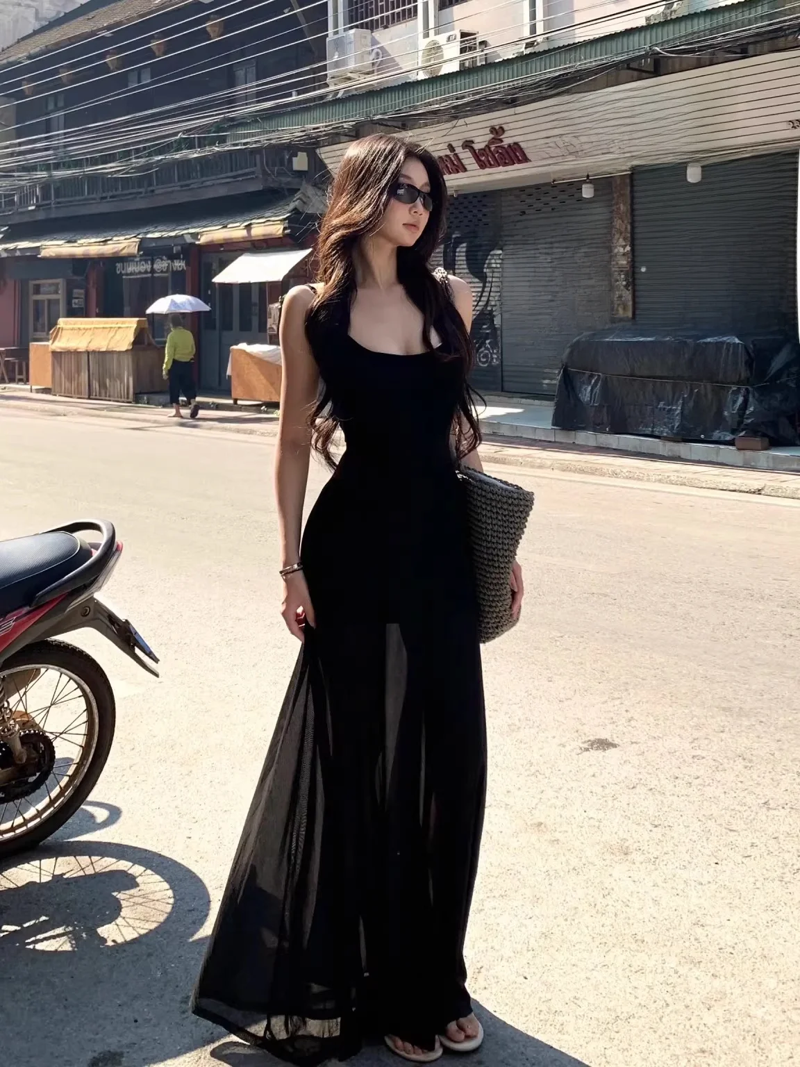 

Black Mesh Strap Dress Women Summer New Beach Vacation Waist Cinched Slim Fit Long Skirt French Style Pure Color Beachy Vibes