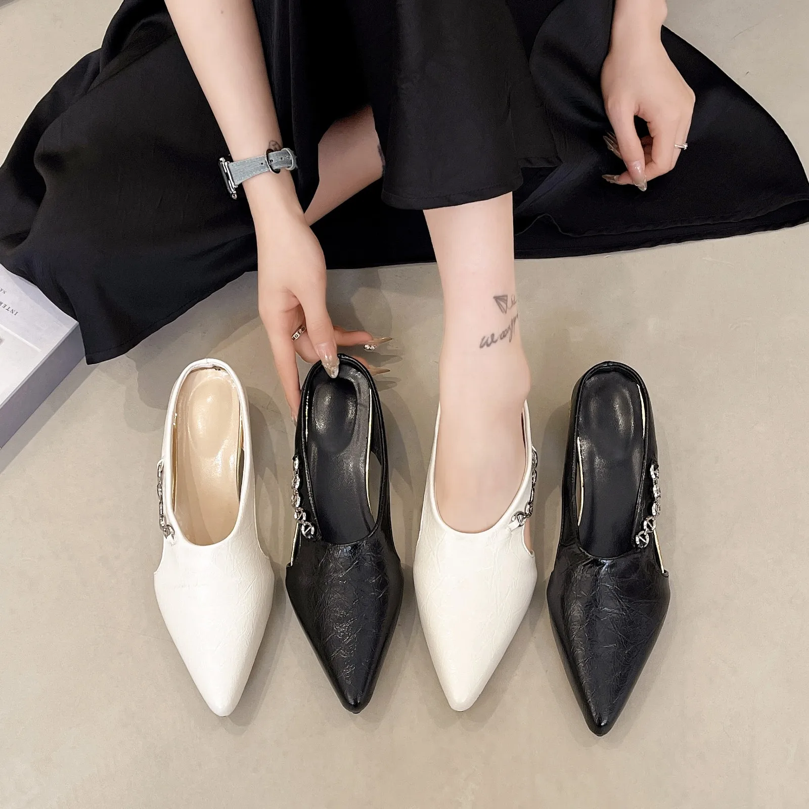 Women's High Heels Summer New Pointed Toe Semi Wrapped Thick Heel Sandals Low Heel Slip-On Versatile Slippers Rubber Sole