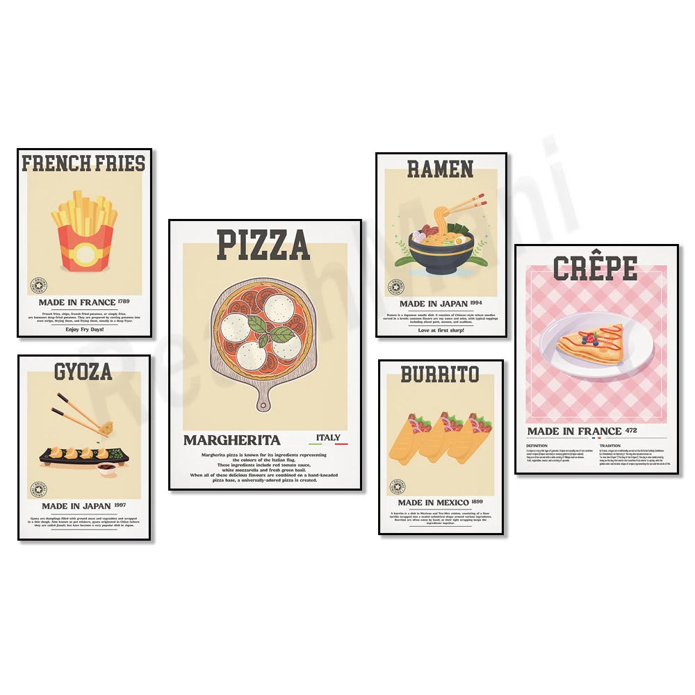 Japanese ramen, dumplings, Turkish kebabs, burritos, French fries, crepes, Italian gelato, aesthetic kitchen decoration poster