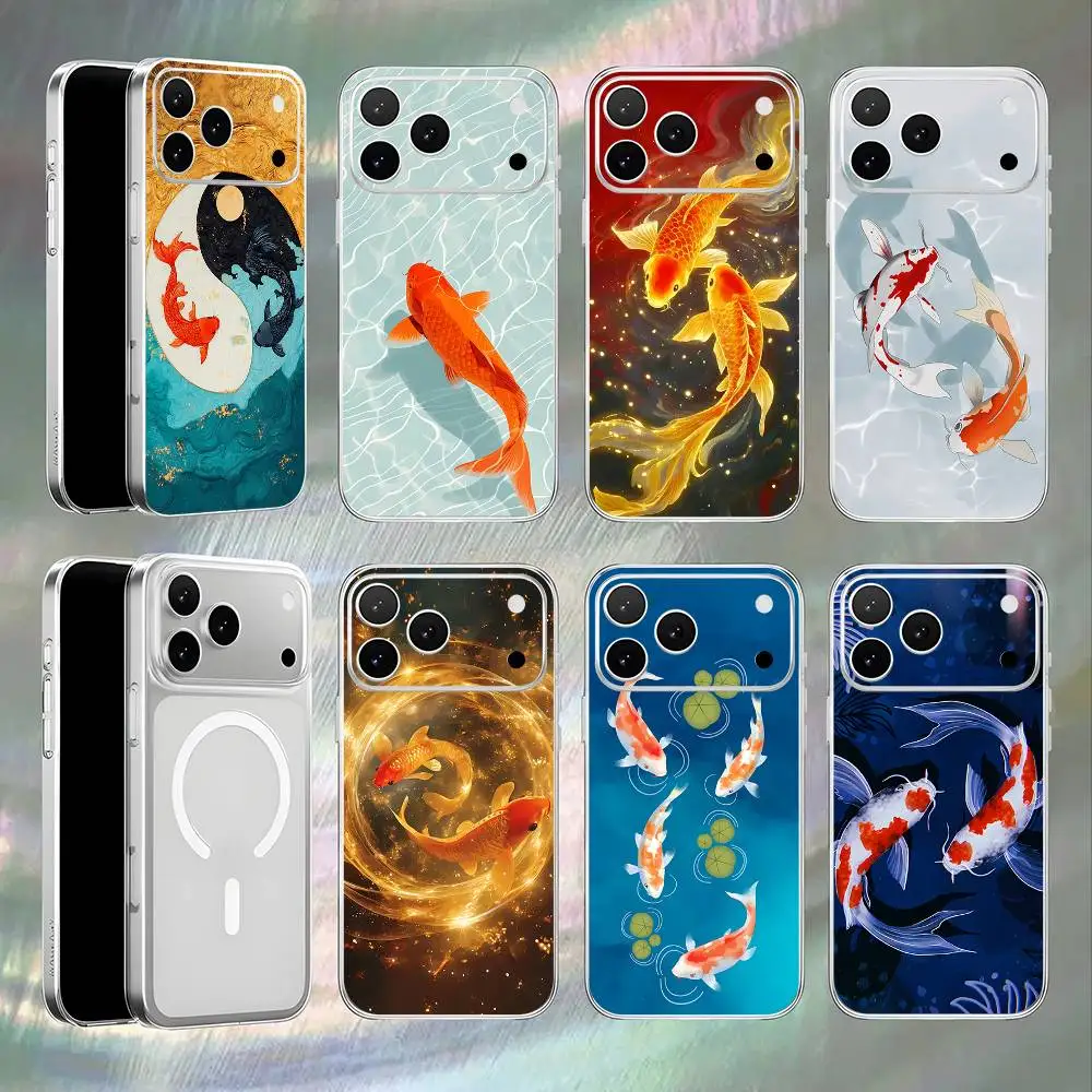 

Koi Goldfish For iPhone 17,16,15,14,13,12,11,Pro,Max,Plus,Mini,SE Magnetic Wireless Charging Transparent White Phone Case