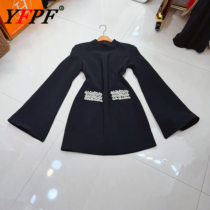

YFPF Luxury Women's Dress Solid Color Flare Long Sleeve Diamond Spliced Design Slim Party Dresses Elegant 2026 New Clothing