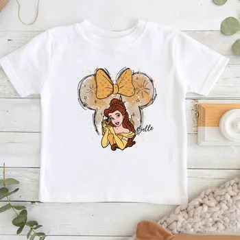 2024 Disney çocuk Belle prenses Kawaii baskılı tişört bebek kız yumuşak karikatür giyim sevimli grafik çocuklar komik Tees Tops