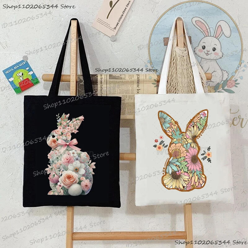 Canvas Tote Bags For Women Floral Bunny Cute Watercolor Animal Handbags Cartoon Bunny Shopping Bags Funny Student Shoulder Bag