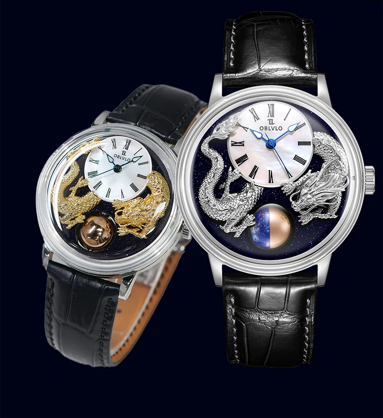 

OBLVLO Мужские автоматические часы 42 мм Роскошные механические наручные часы Светящиеся 50 м Водонепроницаемые сапфировое вращение 24-часовой шариковый циферблат