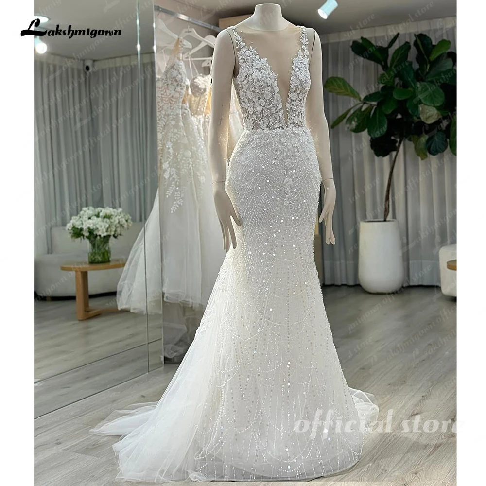 

Lakshmigown Luxurious V-neck Mermaid Wedding Dresses for Bride Beads Lace Appliques Tulle Vestido de Casamento Customized
