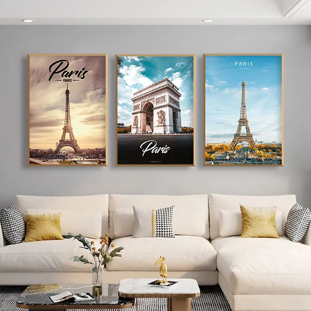 Eiffel Tower  Arc de Triomphe Canvas Wall Art  Autumn Paris Romance Modern Home Decor Poster for Living Room