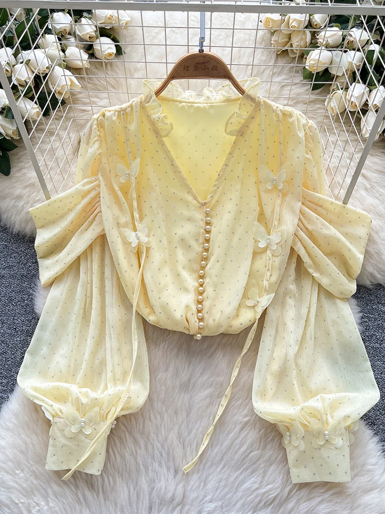 

Весенне-осенняя французская блузка с v-образным вырезом и длинными рукавами для женщин, трехмерная лента-бабочка, однобортный топ с бусинами для ногтей W85