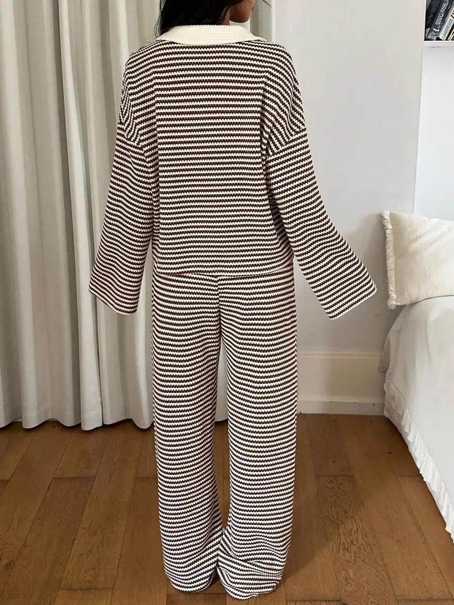 Two Piece Set Women Outfit 2026 Spring New Turn-down Collar Long Sleeve Loose Striped Top & Casual Home Daily Pants Set