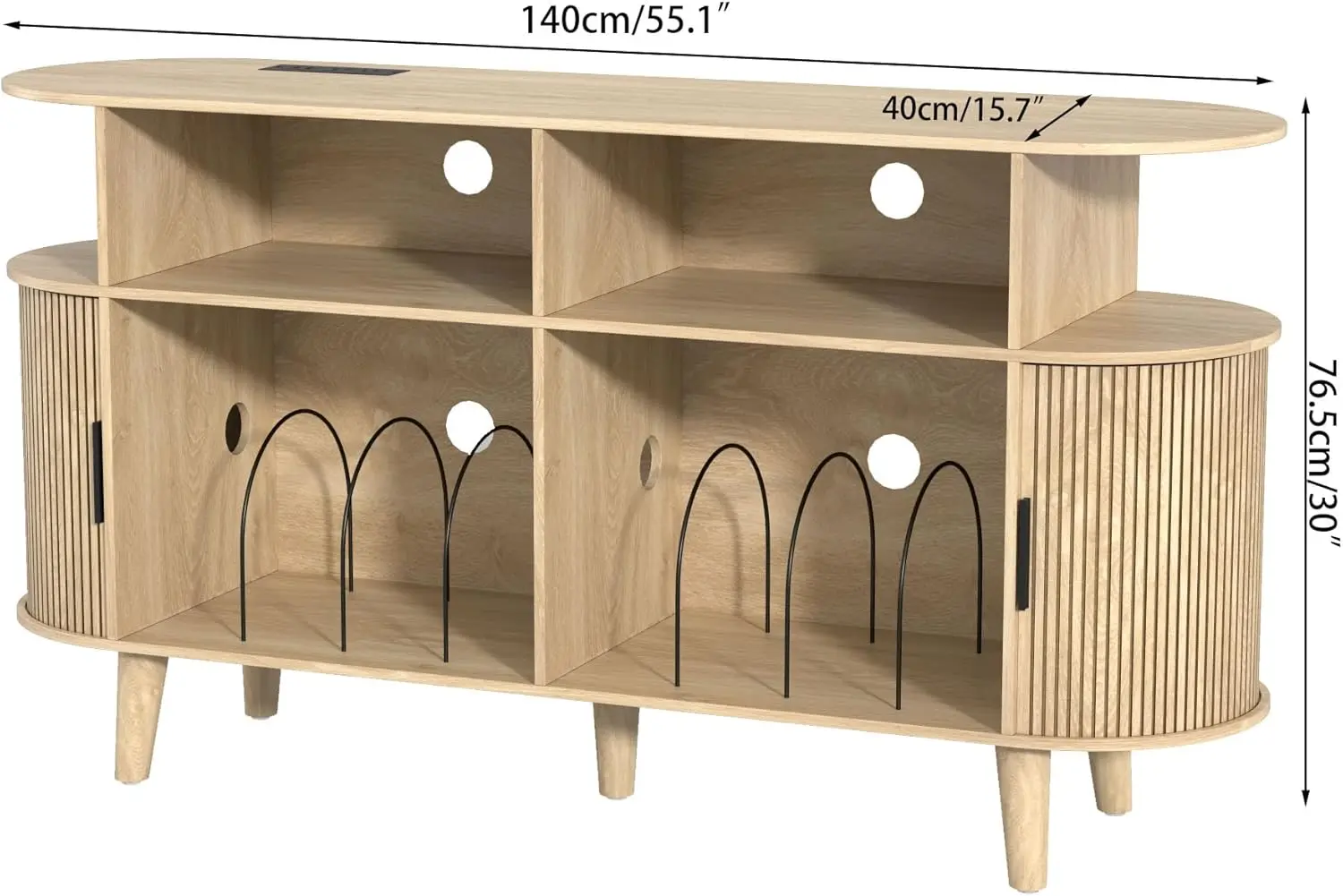 Large Round Record Player Stand with Charging Station & USB Ports，Record Storage Cabinet, Mid Century Modern Turntable Stand