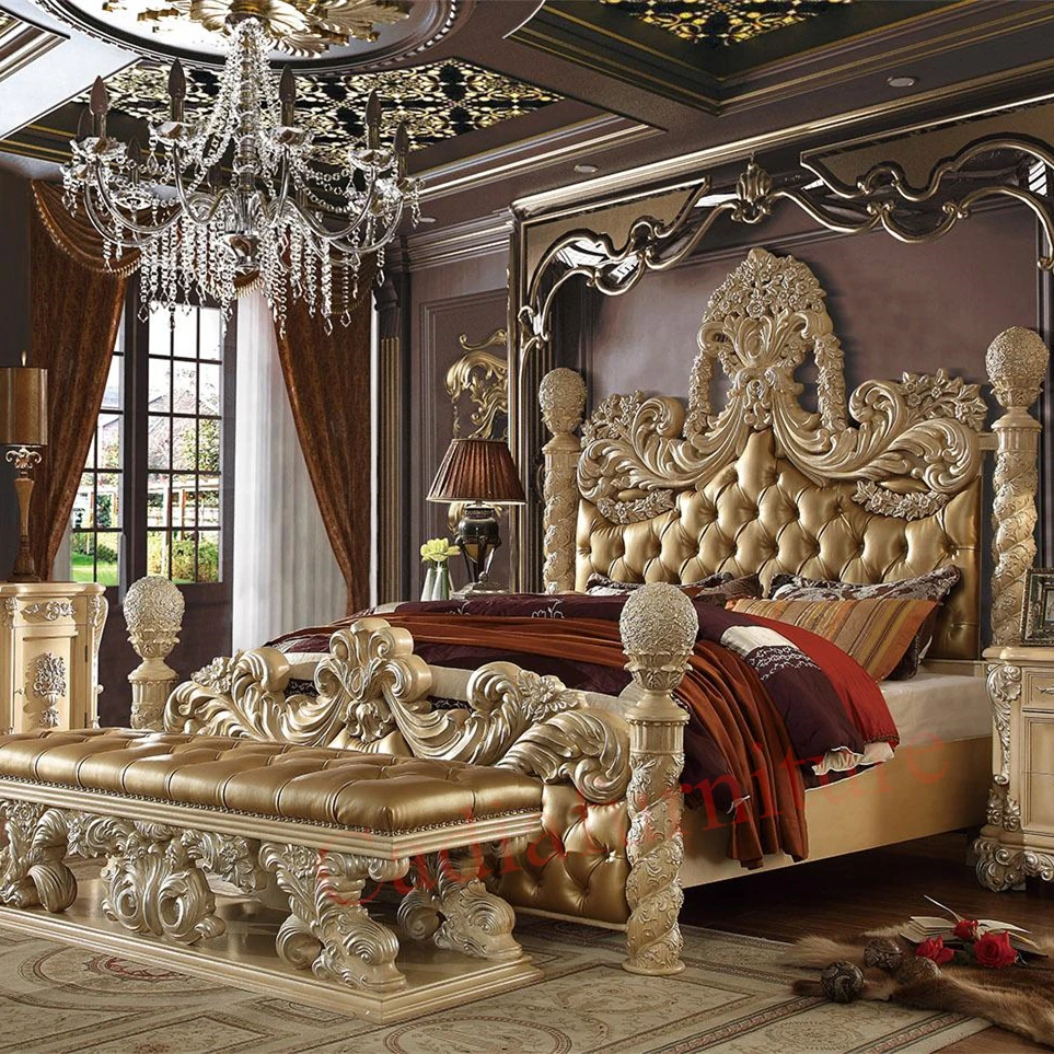 

Italy Luxurious Bedroom Furniture Genuine Leather Cover Bed Wooden Structure Bedroom Furniture Sets