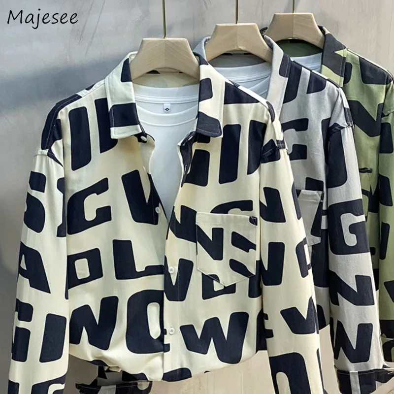 

Shirts Men Letter Printed Casual Denim Japanese Style Tops Turn-down Collar All-match Spring Autumn High Street Single Breasted