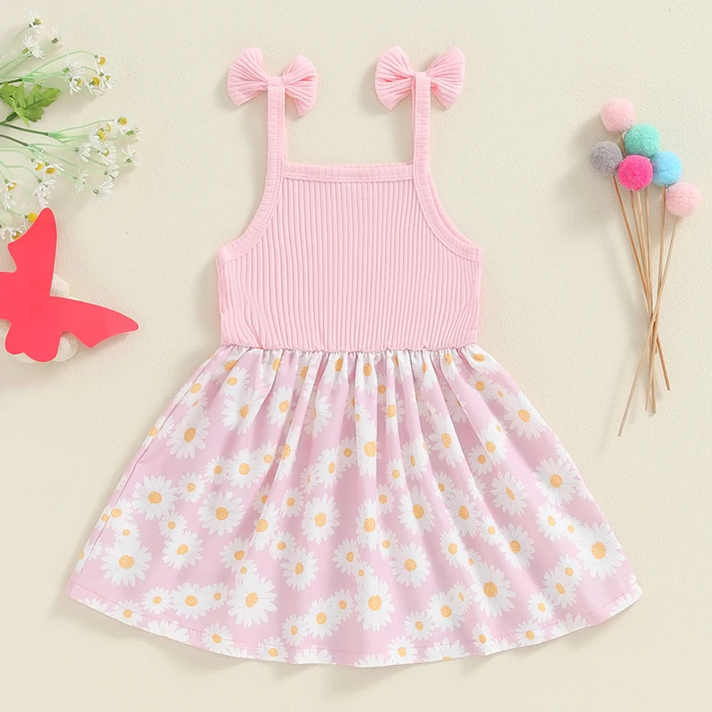 Little Girl Cami Dress A-Line Bow Daisy Print Square Neck Spaghetti Strap Ribbed Dress for Summer