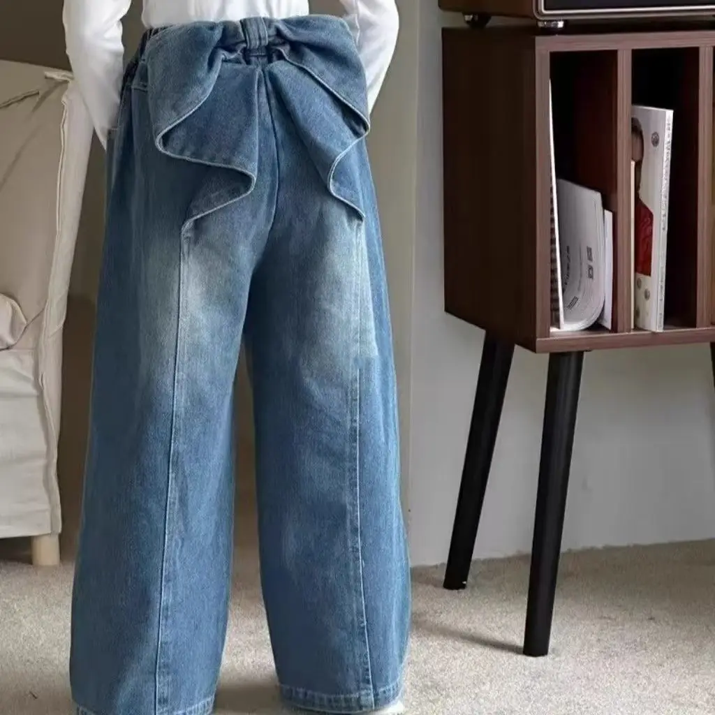 

Korean Children Clothing 2025 Spring Autumn New Girls Jeans Children Fashion Bow Straight Leg Pants Wide Leg Pants Trendy