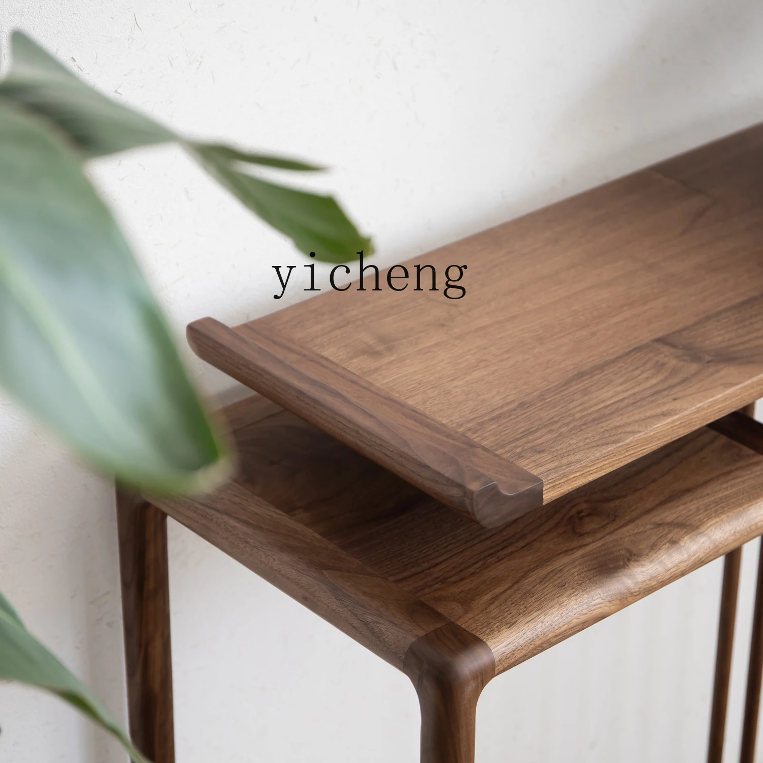 X-24 black walnut entrance table, case table, solid wood warped head against the wall, end view table
