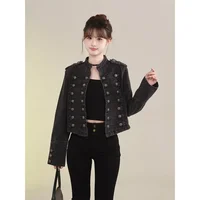 Chaqueta corta de inspiración militar vaquera Retro americana para mujer, abrigo informal de manga larga con cuello levantado para motocicleta