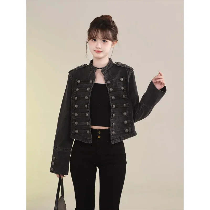 Women's American Retro Denim Military Inspired Cropped Jacket Long Sleeve Stand Collar Casual Motorcycle Coat