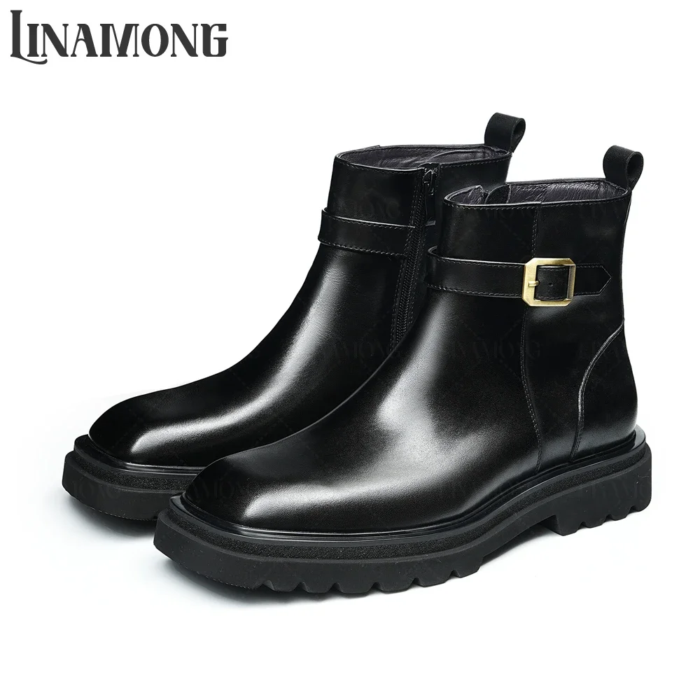 Metallic Buckle Genuine Leather Booties Designer Style Elegant Cowhide Ankle Boots Round Toe Zipper Handmade Leather Men's Boots