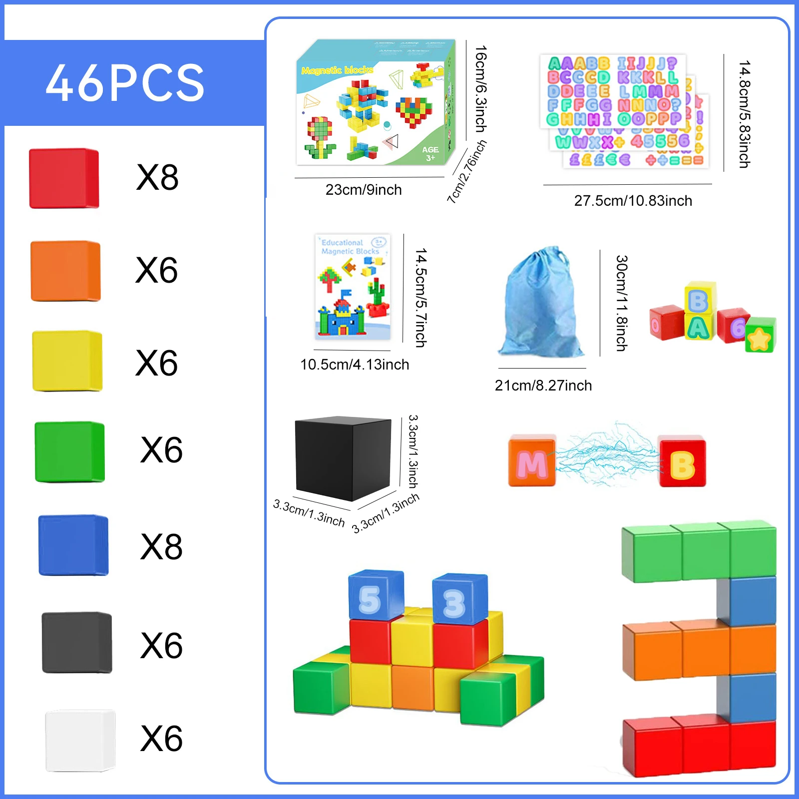 46 pçs blocos magnéticos 1.3in/3.3cm grandes cubos magnéticos com adesivo haste brinquedos magnéticos presente de aniversário de natal para meninos e meninas