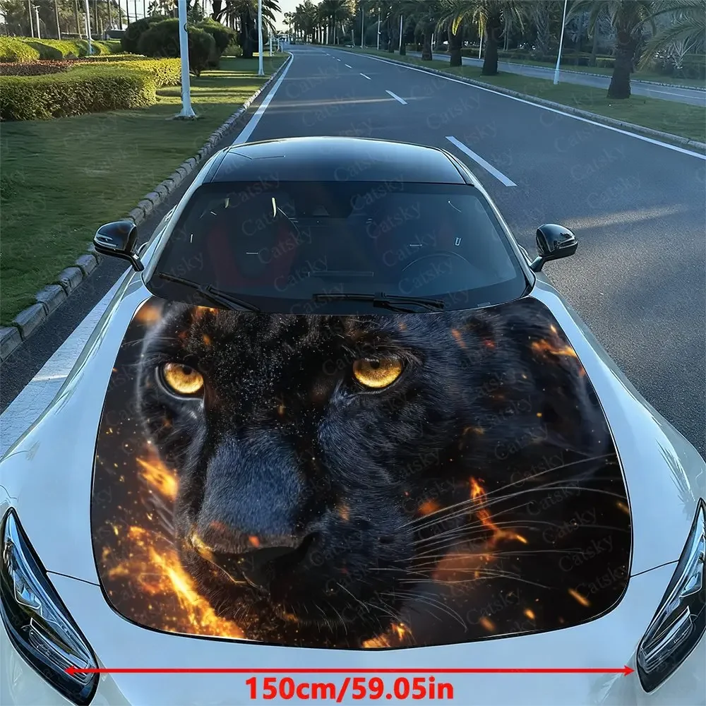 Black Panther With Golden Eyes Car Hood Vinyl Wraps, PVC Waterproof Car Bonnet Decals, Self-Adhesive Scratch-Resistant Stickers