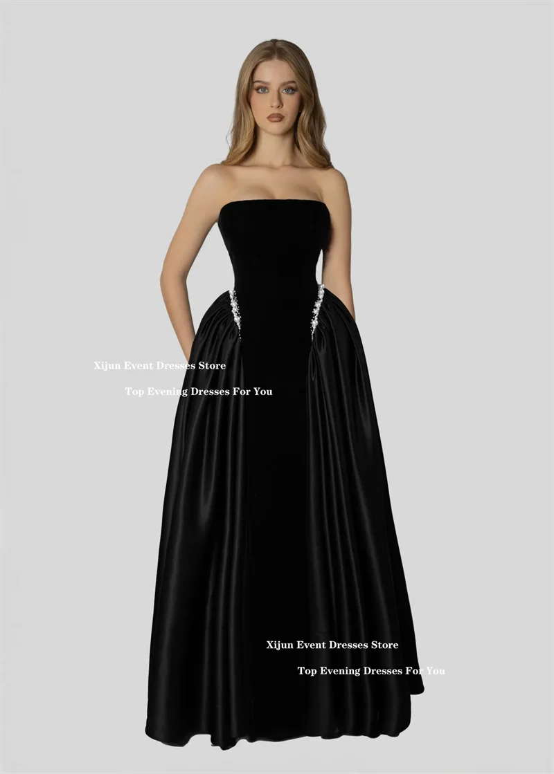 Xijun Luxury Long Black Evening Dresses Sleeveless A-Line Prom Dresses Pearls Beads Prom Gowns Formal Party Dresses Customized