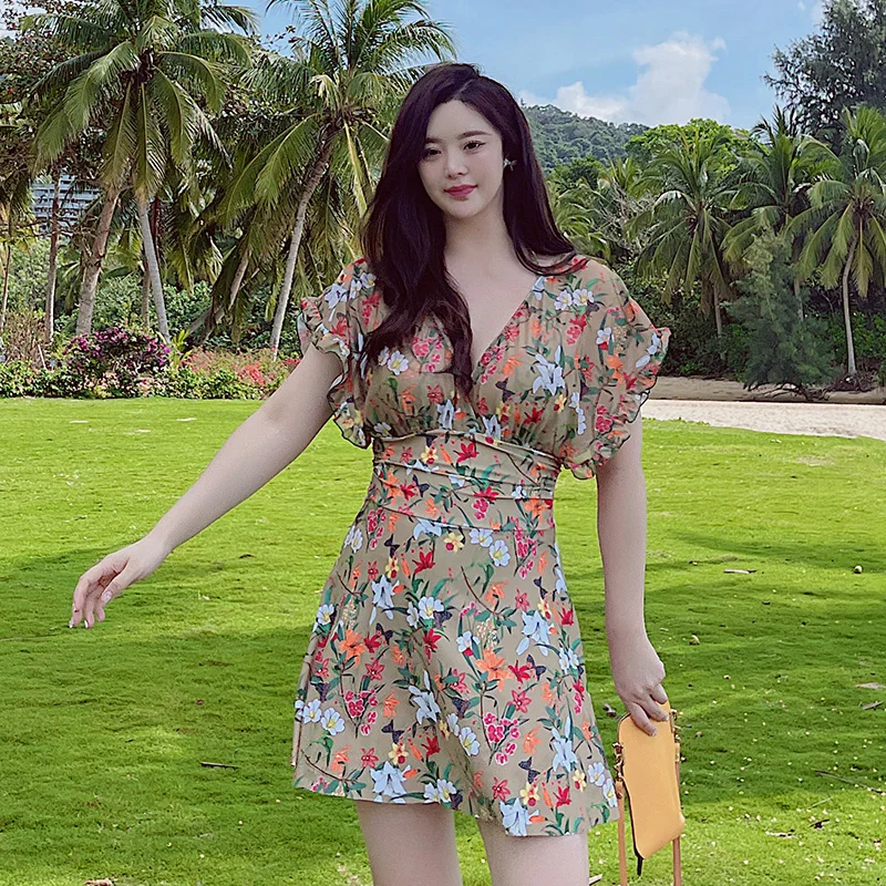 

Women's Swiming Suits One Piece Large Swimsuit Ladies Flower Printed Skirt V-neck Bat Sleeves Sexy Halterneck Bathing Suit 2022