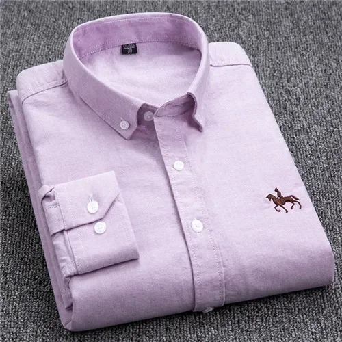 Chemises Oxford décontractées en pur coton pour hommes, manches longues, broderie cheval, coupe régulière, boutons à la mode, robe blanche