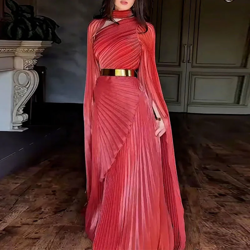 Elegant Solid Flared Sleeve Fold Dress Lady Temperament High Waisted Evening Dress Sexy Slim Crew Collar Floor-length Long Dress