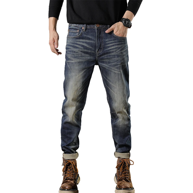 Męskie jeansy ze ściętym denimem, slim fit, prosta nogawka, 99% bawełna, luźny krój w stylu retro, jesień 2025. |   Wszechstronne spodnie w stylu vintage