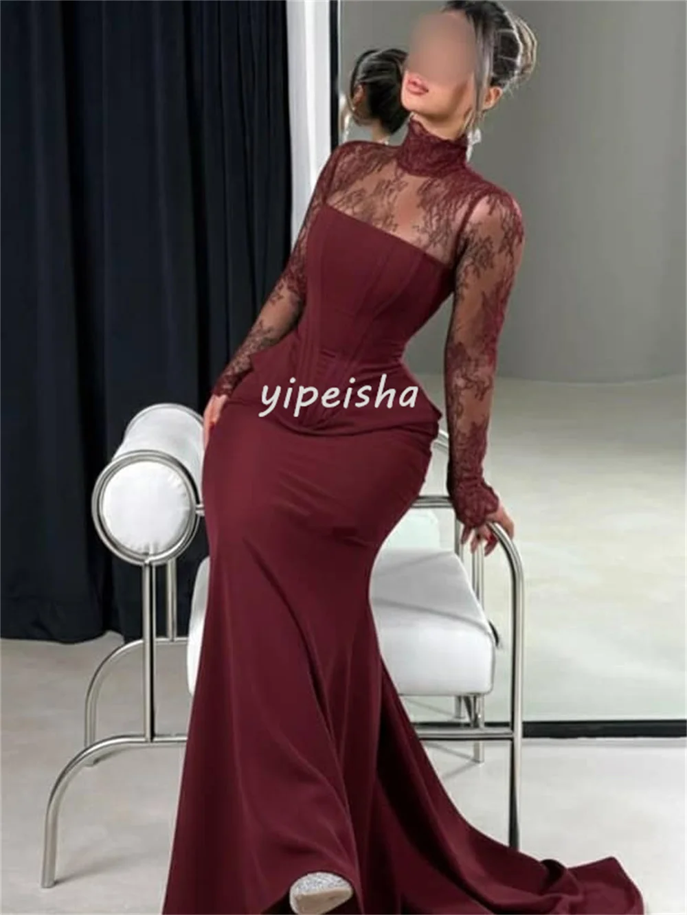 Customized Exquisite Sexy Jersey Pleat Button Lace Mermaid High Collar Long Dresses Bespoke Occasion Dresses Sizes Available