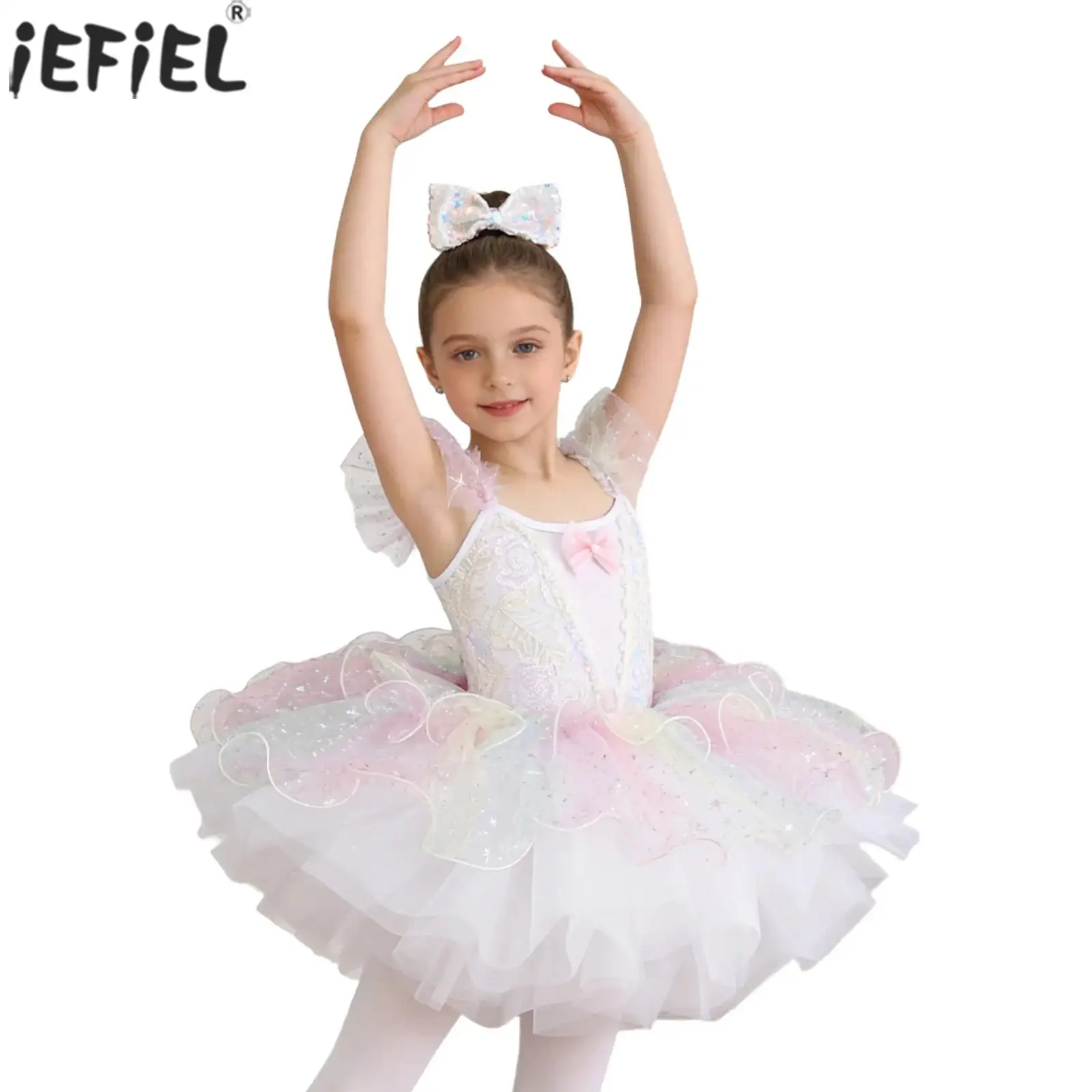 Vestido de Ballet para Niñas con Mangas con Volantes, Lentejuelas, Bordado y Tul en Capas para Fiestas de Cumpleaños y Actuaciones Escénicas