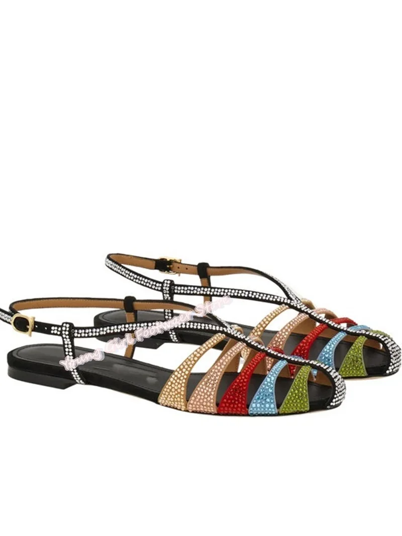 Round Head Hollow Out No Exposed Toes Colorful Clash Full Diamond Lady High Heel One-Strip French Sandals Banquet Luxury Sandals - view 4