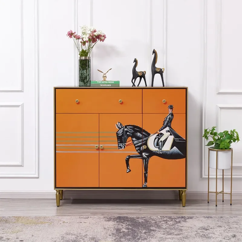 for Beauty Light Luxury Hand Painted Knight Horse Shoe Cabinet Entrance Orange Wine Cabinet Dining Living Room
