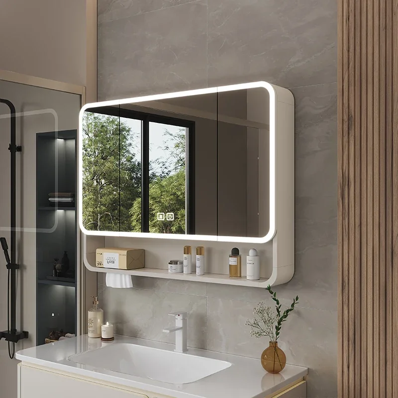 

Aluminum Alloy Arc Smart Bathroom Mirror Cabinet Wall Mounted Storage Locker LED Light Bathroom Furniture Muebles Para