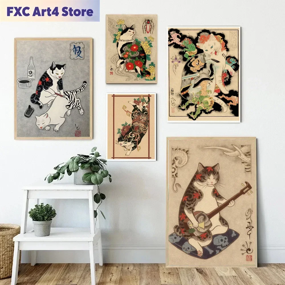 Rahmenlose japanische Samurai-Katze, klassische Vintage-Poster, Dekoration, Gemälde, Wandkunst, weißes Kraftpapier, Kawaii-Raumdekoration