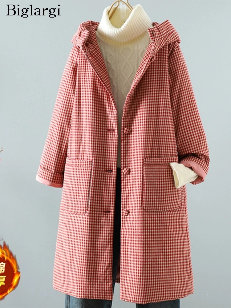 Padded Cotton Autumn Winter Hooded Coat Women Plaid Print Fashion Ladies Jackets Oversized Loose Casual Woman Long Coats