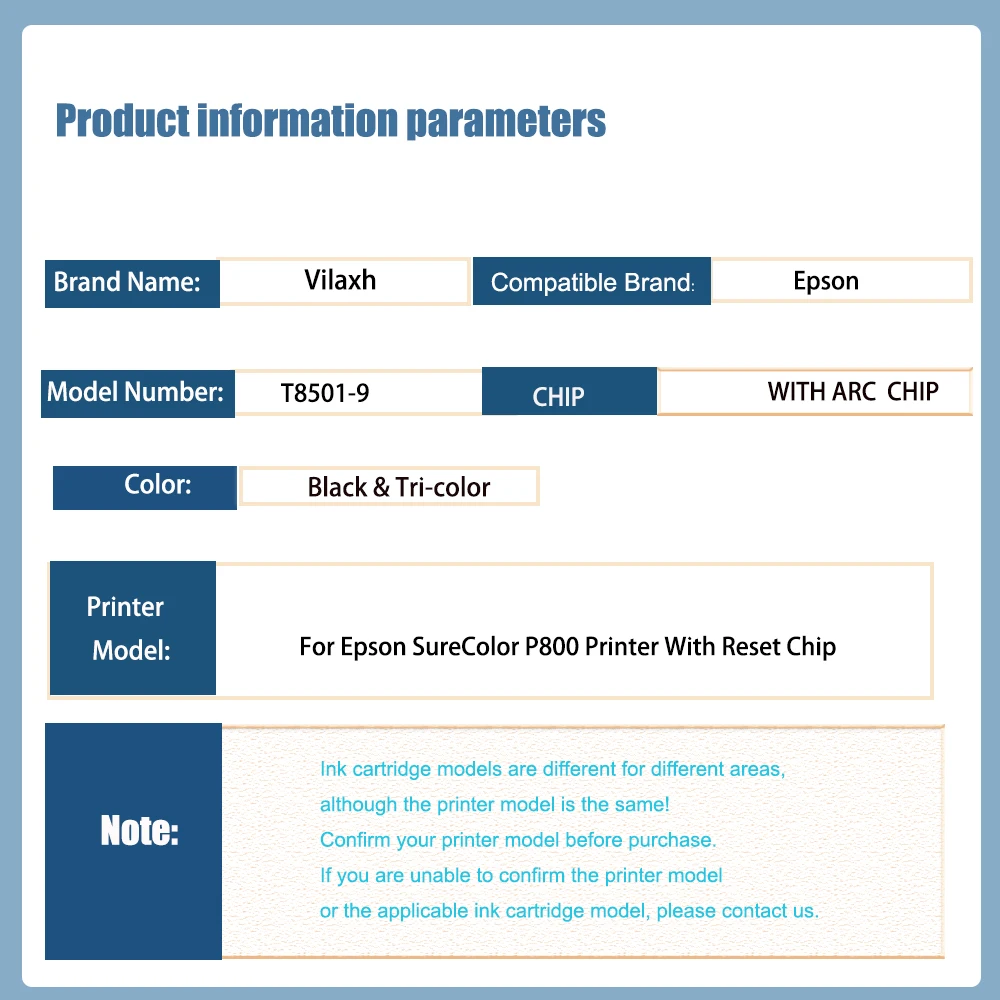 vilaxh T8501 - T8509 Empty Refillable Ink Cartridge For Epson SureColor P800 Printer With Reset Chip