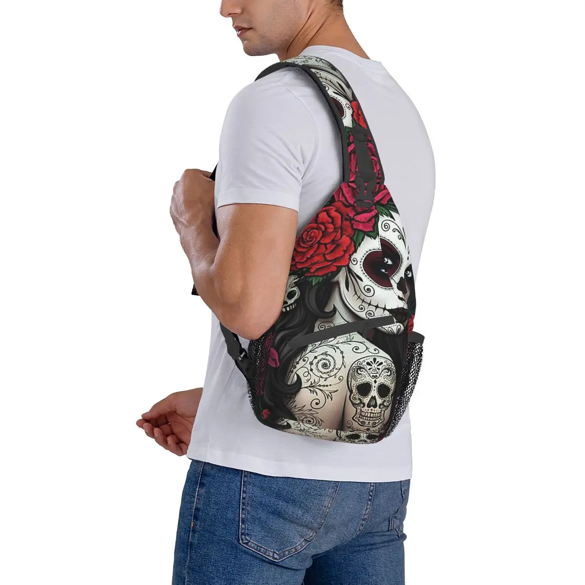 Sugar Skull Crossbody Sling Bags Smallchest Bag Mooi Meisje Schouder Rugzak Dagrugzak Voor Reizen Wandelen Camping Satchel